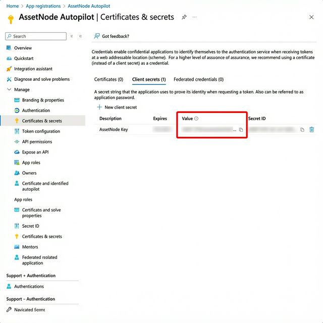 Windows Autopilot: Zugangsdaten in AssetNode eintragen