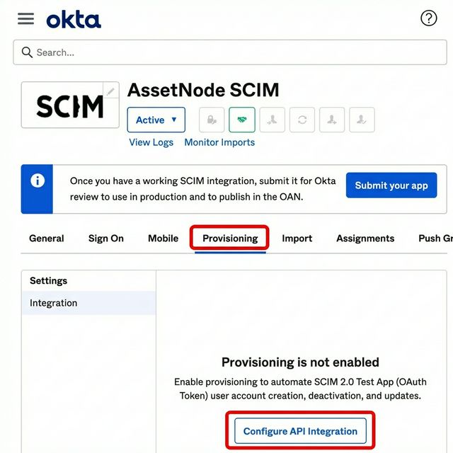 Okta: SCIM-Zugangsdaten eintragen (1/2)