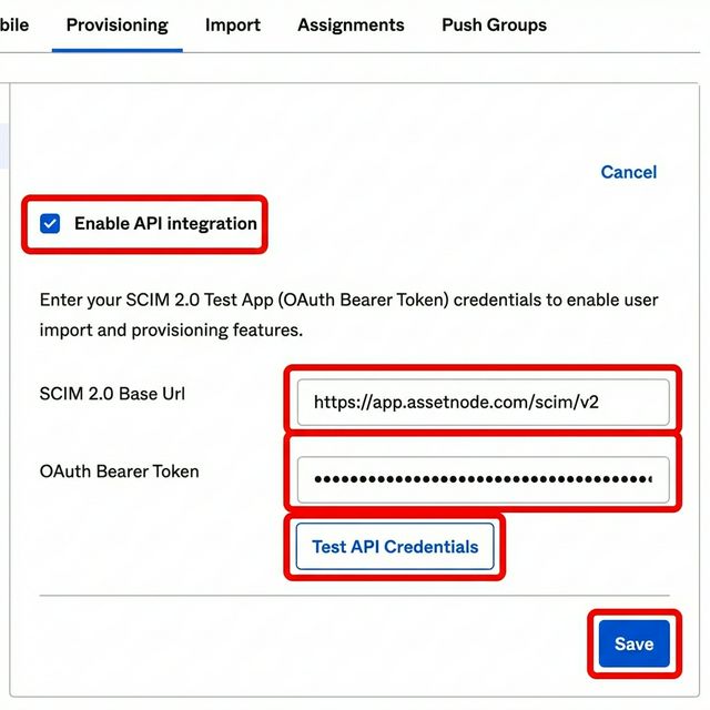 Okta: SCIM-Zugangsdaten eintragen (2/2)