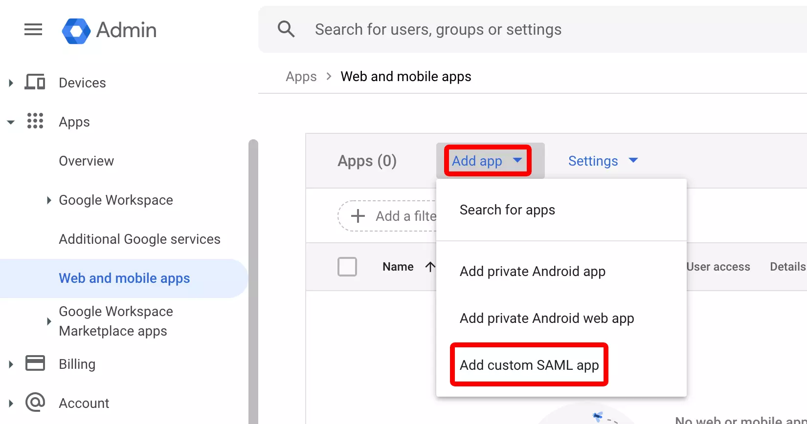 Google Workspace: Apri le app SAML